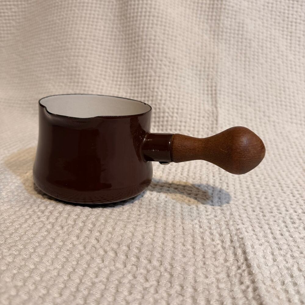 Dansk Kobenstyle Brown Enamelware Butter Warmer with Wood Handle